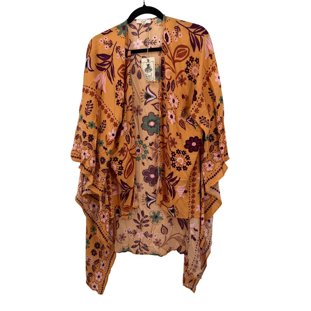 Easel Womens S Kimono Wrap Floral‎ Mustard Yellow Boho Botanical Open Front NWT